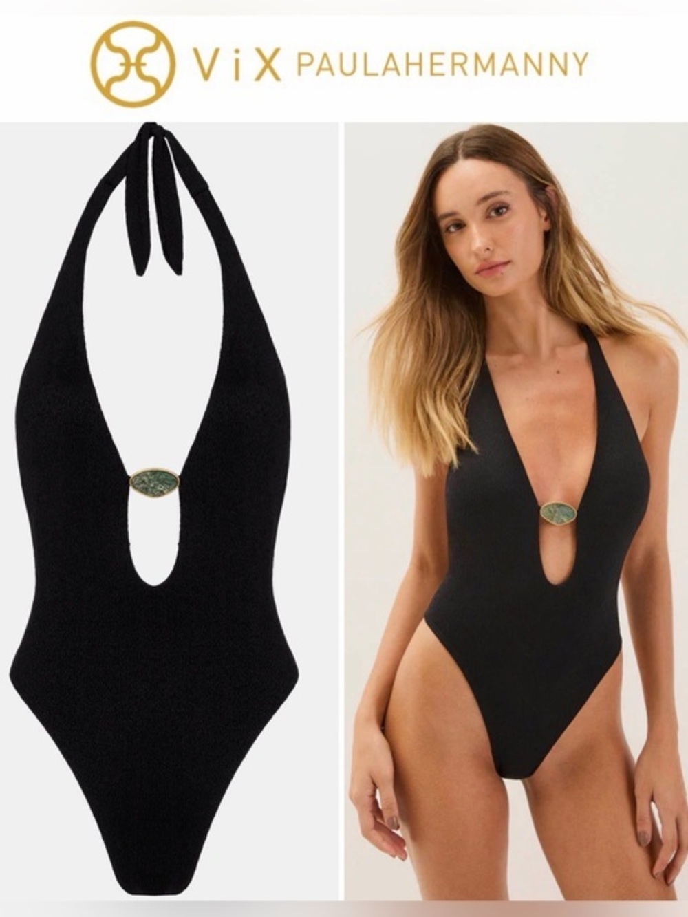 VIX Firenze Petra Babi One Piece Black Halter Swimsuit Sz L NWT $298
